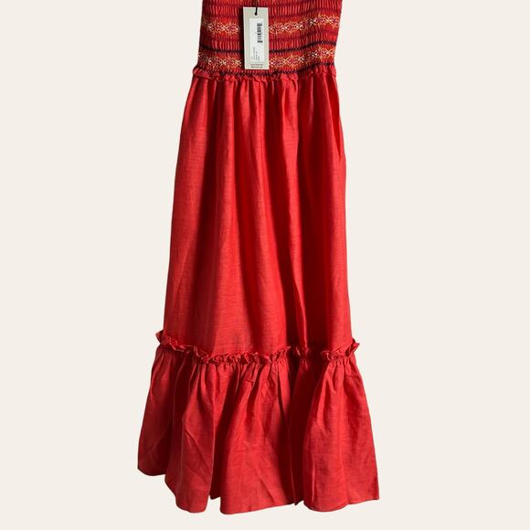 Cara Cara NYC Jenny Hibiscus Linen Smocked Tie Shoulder Midi Dress Size S - Picture 10 of 16